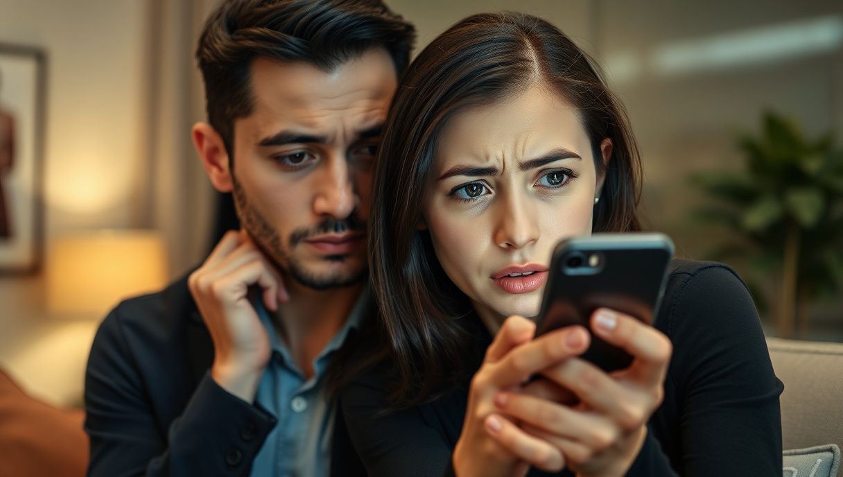 สัญญาณคู่ครองมีคนอื่น: ผู้หญิงมองโทรศัพท์แฟนด้วยความสงสัย
