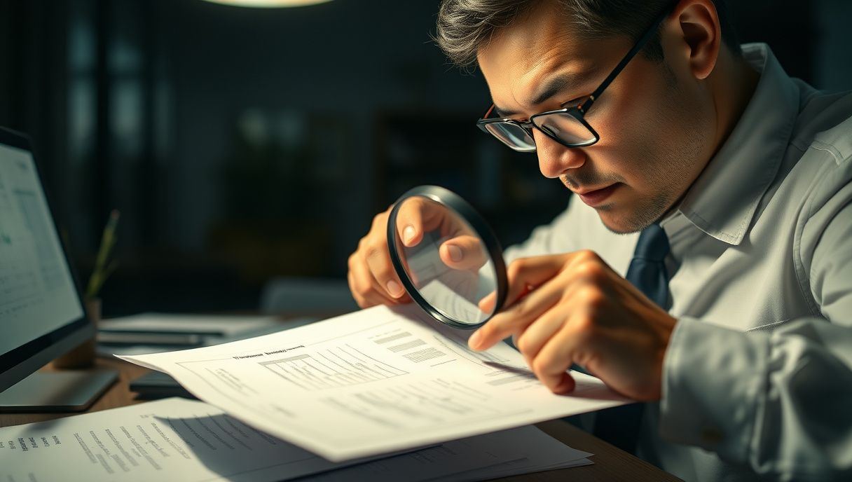 นักสืบกำลังตรวจสอบเอกสารทางการเงินเพื่อหาร่องรอยการโกง