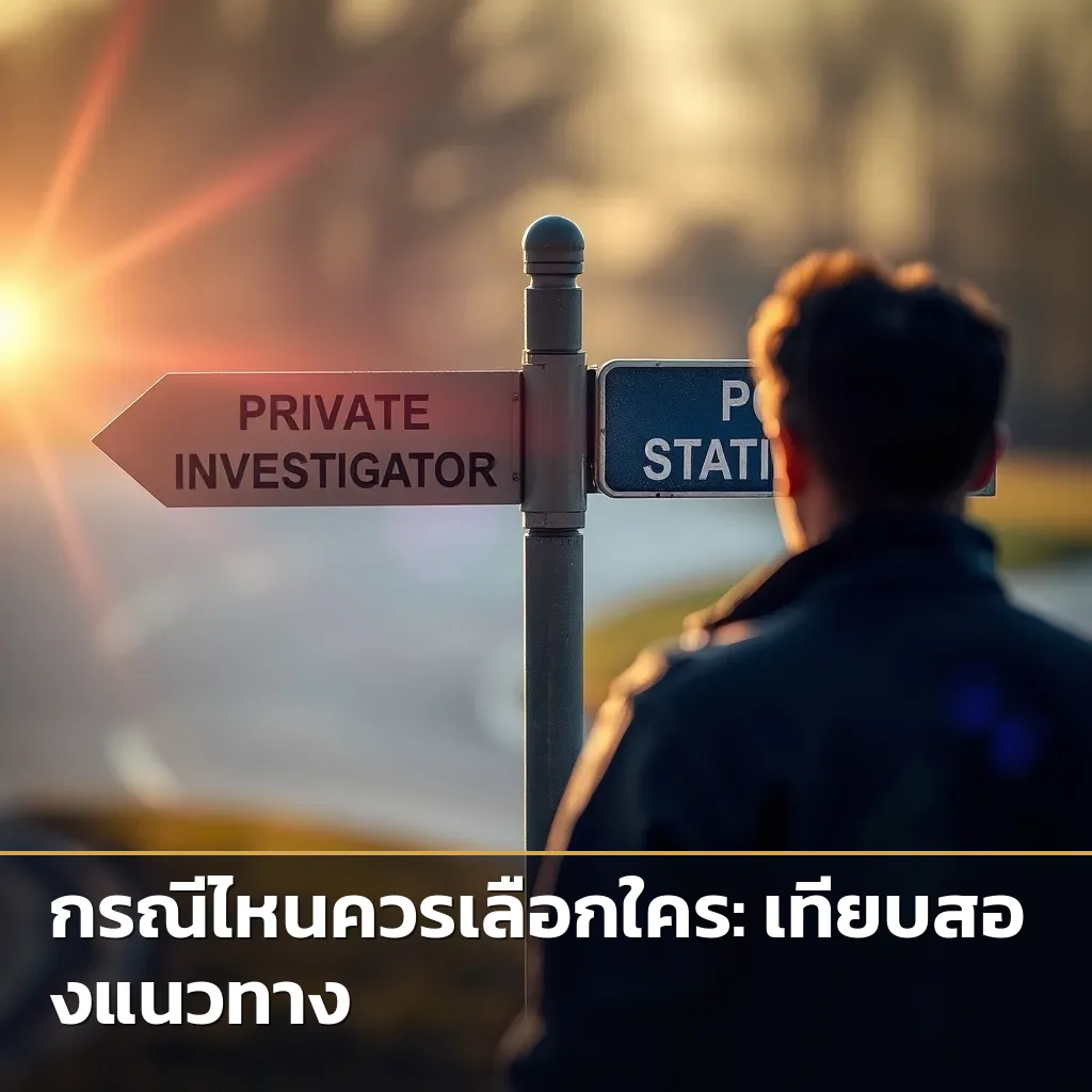 บุคคลกำลังตัดสินใจเลือกทางเดินระหว่างการปรึกษานักสืบเอกชนหรือแจ้งความกับตำรวจ