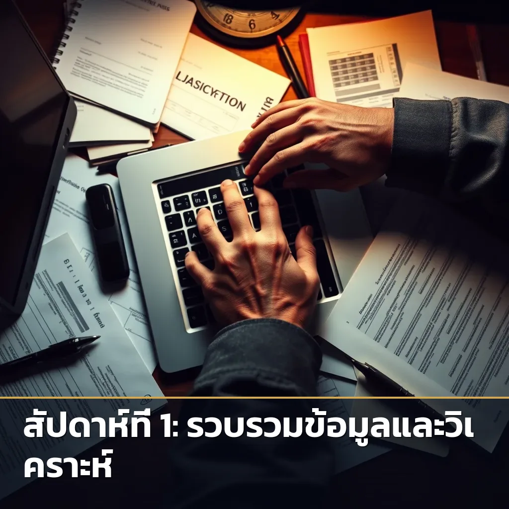 นักสืบกำลังพิมพ์ข้อมูลบนแล็ปท็อป พร้อมเอกสารประกอบ เน้นการวิเคราะห์ข้อมูลอย่างละเอียด