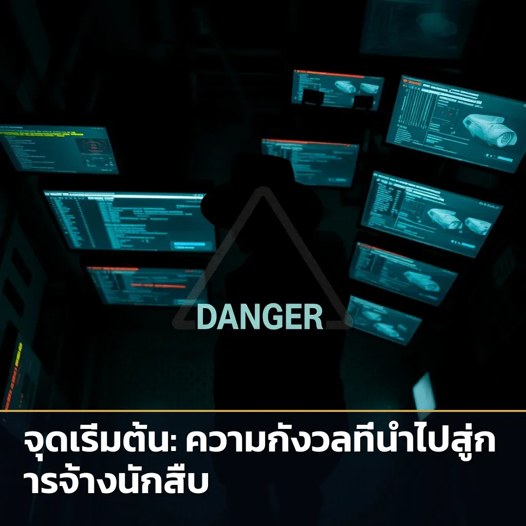 ภาพเงาของนักสืบกำลังสอดส่อง พร้อมภาพซ้อนของกับดักและนักสืบเถื่อน