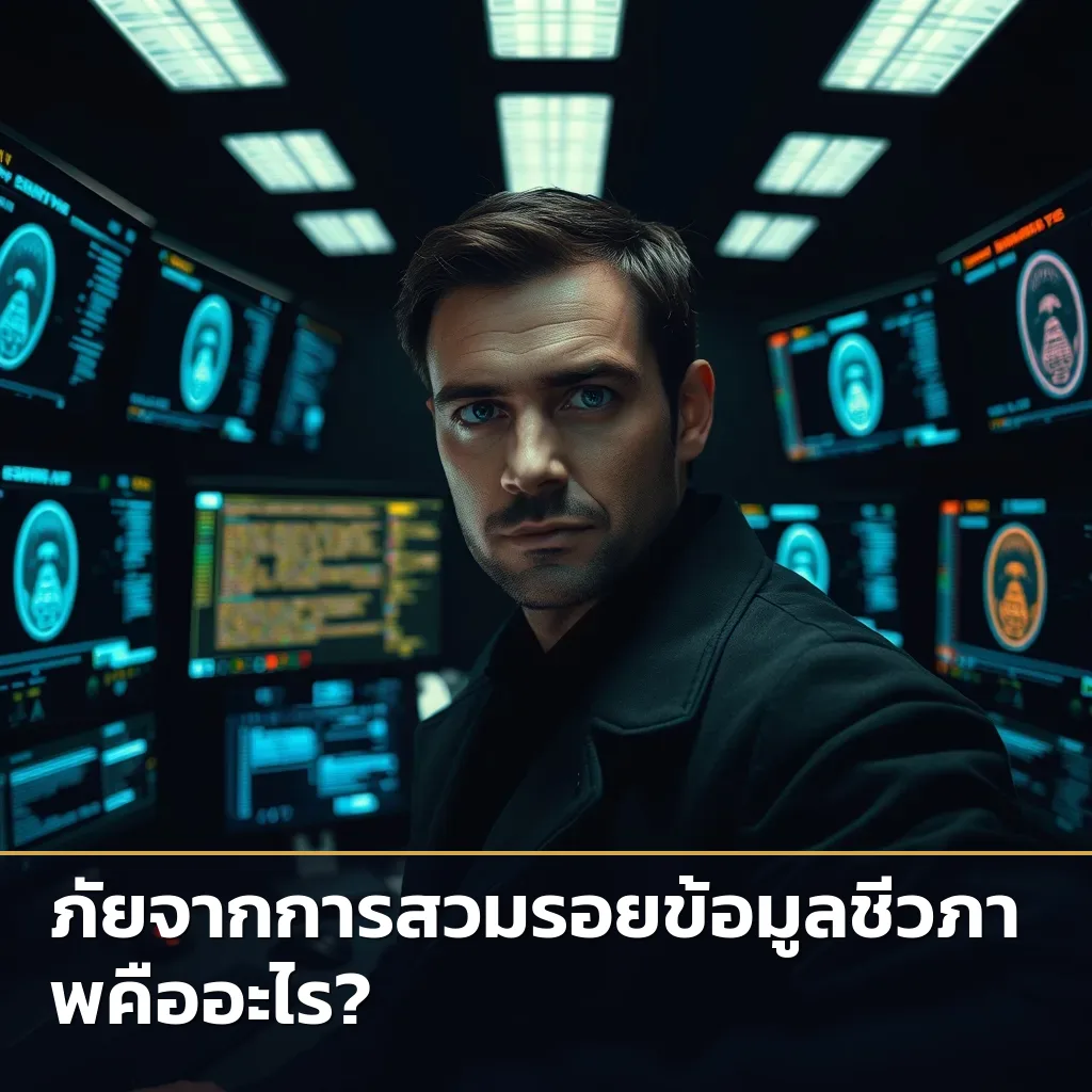 ภาพนักสืบกำลังตรวจสอบข้อมูลดิจิทัลที่ซับซ้อนบนหน้าจอหลายจอเพื่อไขคดีภัยสวมรอยข้อมูลชีวภาพ