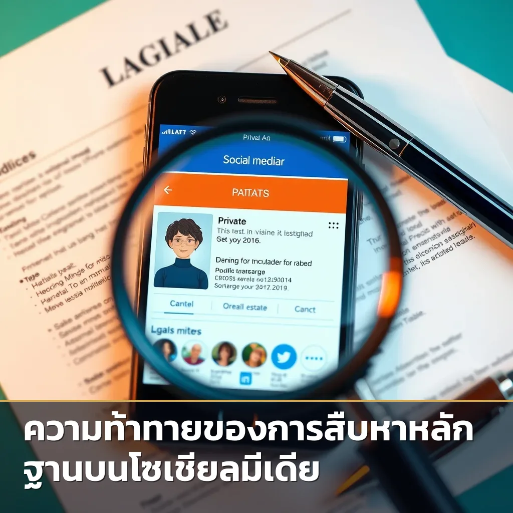 แว่นขยายส่องหน้าจอสมาร์ทโฟนที่แสดงโปรไฟล์ส่วนตัว พร้อมเอกสารกฎหมาย