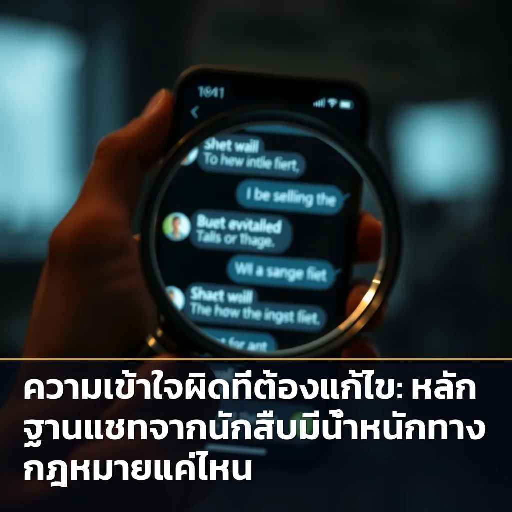 ภาพนักสืบกำลังใช้แว่นขยายตรวจสอบหลักฐานแชทบนหน้าจอโทรศัพท์